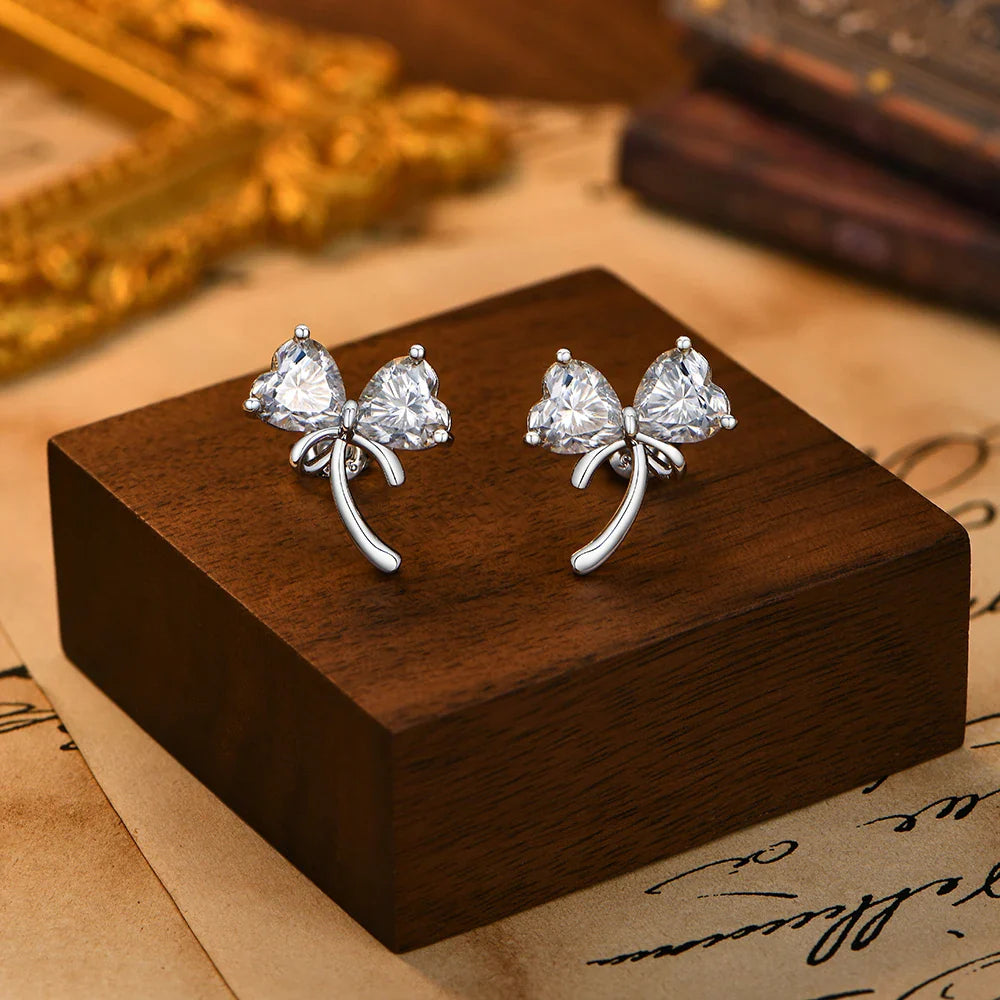 Original Bow Earrings S925 Silver Heart Cut Moissanite Stud Earring for Women Romantic Dainty Party Jewelry Gift Choice