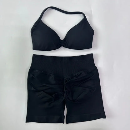 NO LOGO 2PCS Gym Set Women Strappy Yoga Bra Top High Waist Workout Scrunch Shorts Sports Suit Seamless Yoga Set Fitness Clothes