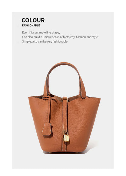 2025 Casual Fashion Female Genuine Leather Bucket Bag Luxury Handbag High-End Tote Bag Woman Cow Leather Mommy Bag & Metal Lock