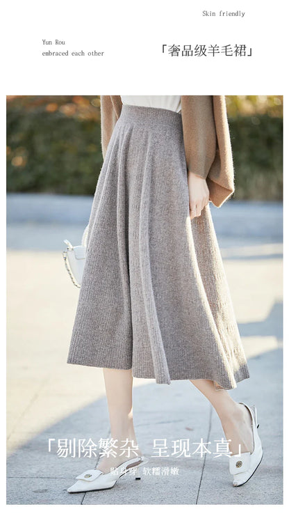 Autumn And Winter High Waist 100% Pure Wool Skirt Female Slim Long Knitted Wool Skirt Loose Wearing A-Line Skirt