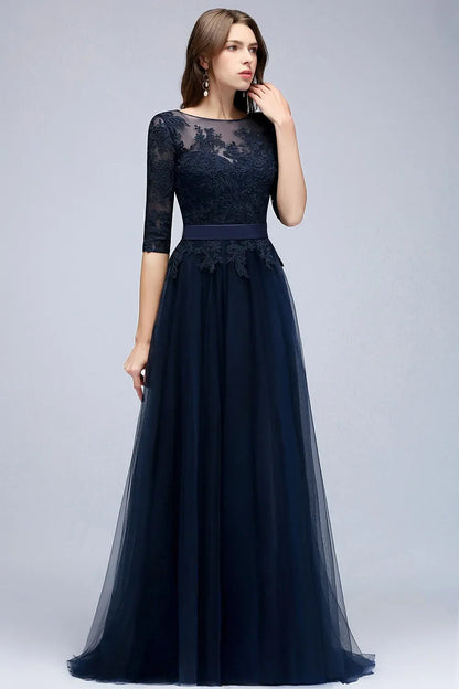 Scoop Neckline Zipper Up Tulle Long Floor-length Dresses Lace Applique Half Sleeve High Split Wedding Evening Party Prom Gowns
