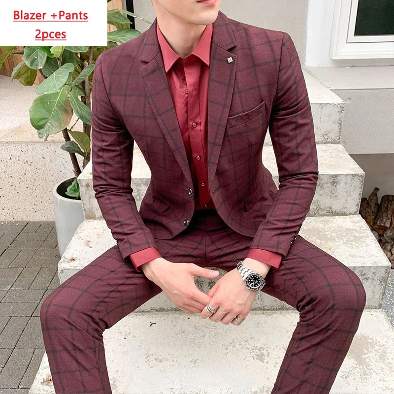 Blazer and Vest and Pants / Boutique Fashion Plaid Men's Casual Business Suit 3pcs Set Groom Wedding Dress Performance Costume