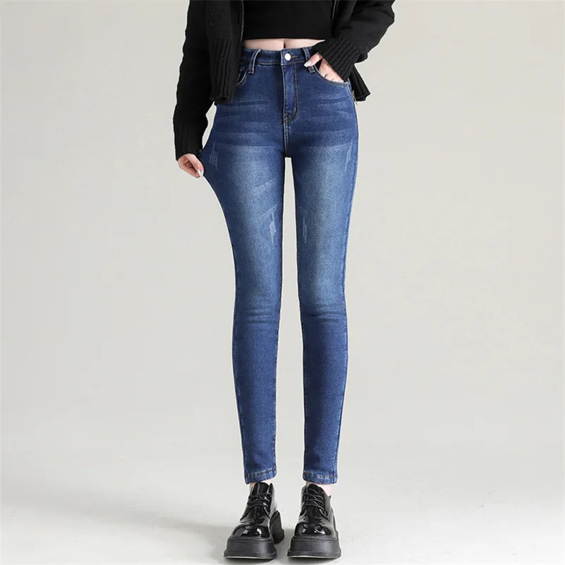 Women Thermal Jeans Winter Snow Warm Plush Stretch Jeans Lady Skinny Thicken Fleece Denim Long Pants Retro Blue Pencil Trousers