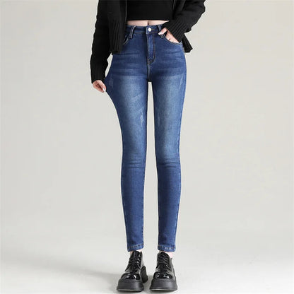 Women Thermal Jeans Winter Snow Warm Plush Stretch Jeans Lady Skinny Thicken Fleece Denim Long Pants Retro Blue Pencil Trousers
