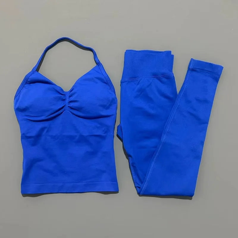 2Piece Sports Gym Set Women Longline Strappy Top Fitness Clothes Seamless Yoga Set Running Workout Sports Leggings Sets