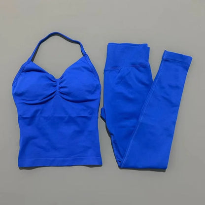 2Piece Sports Gym Set Women Longline Strappy Top Fitness Clothes Seamless Yoga Set Running Workout Sports Leggings Sets