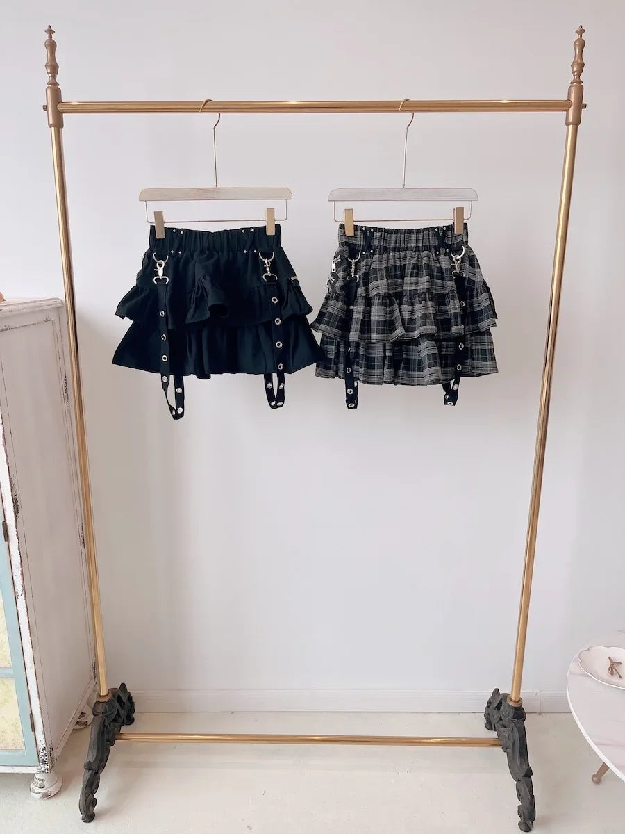 Summer New Cute Girl Elastic High Waist Women's All-Matching Short Y2k Skirts Punk Style Zipper Ruffled Plaid Mini Skirt
