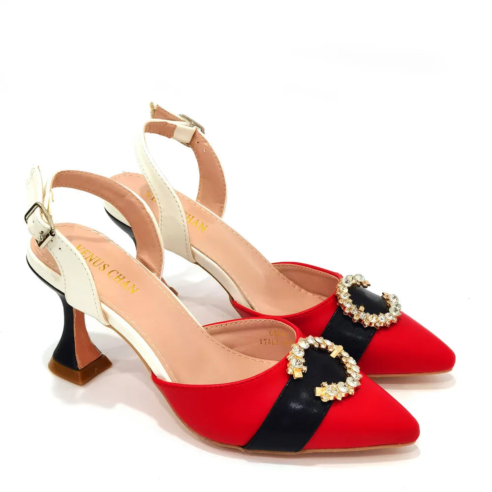 Italian Design Leather Colorblock Pointed Toe High Heel Women's Sandals Fashion Everyday Matching Shoes and Bag Sets