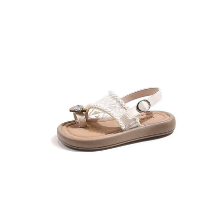 2025 Summer New Children Princess Pearl Cool Slippers for Girl Anti Slip Beach Sandals Toe Covering Casual Versatile Style Flats