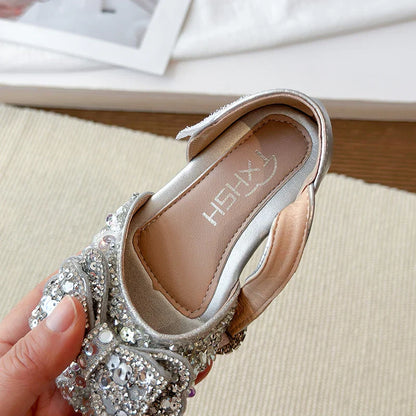 Faux Gemstones Shoes for Kids Girls Shining Crystal Girls Dress Shoes for Party and Wedding Bowtie Children Girl Sandals I04204