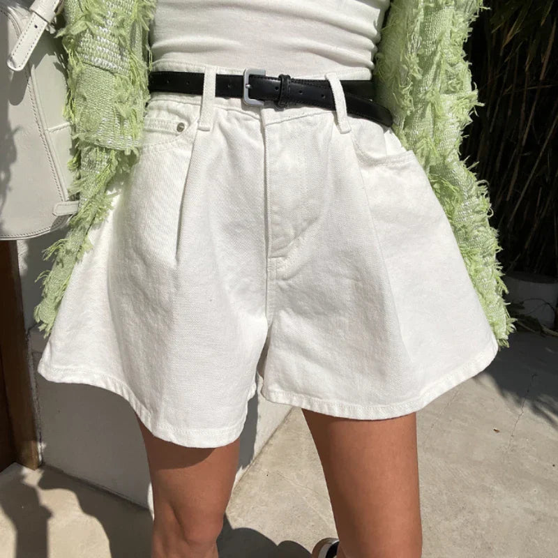 Summer Washed High Waist Women's A-line Denim Shorts Pocket White 2025 New Casual Loose Wide Leg Jeans Shorts Female