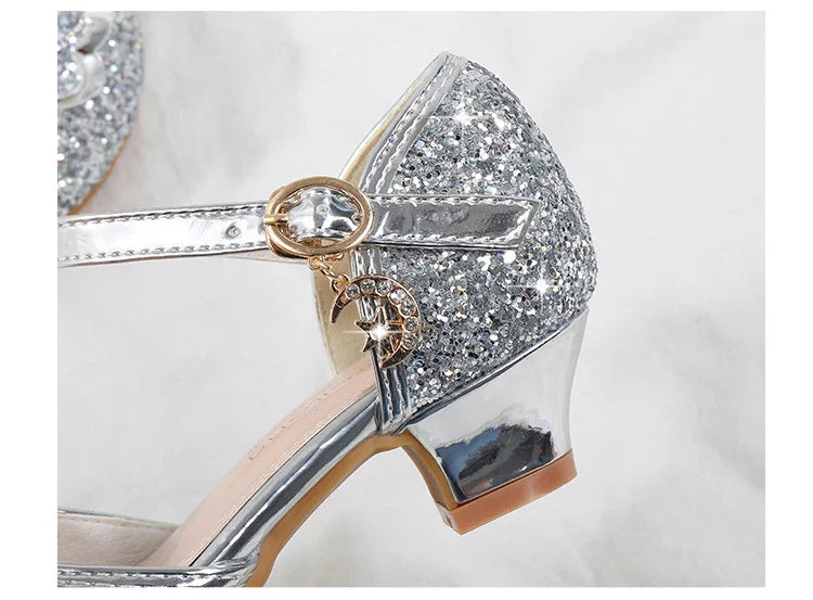 Children's Sandals for Party Wedding Elegant Bowknot Kids Girls Versatile Sequins High-heels Fashion Pearl Princess Single Shoes