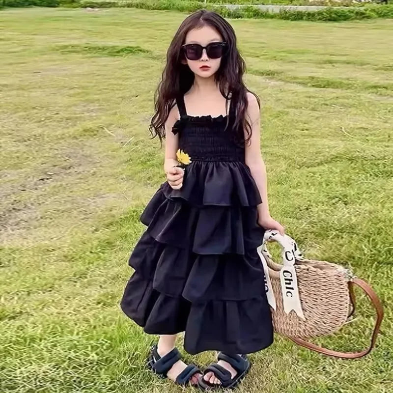 Girls Sling Dress Summer Children Layers Slip Long Gown Kids Birthday Party Vestidos Clothes Teen Casual Sleeveless Dress 4-12Y