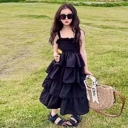 Girls Sling Dress Summer Children Layers Slip Long Gown Kids Birthday Party Vestidos Clothes Teen Casual Sleeveless Dress 4-12Y
