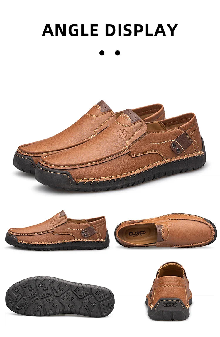 Men's Handmade Thick Rubber Bottom Breathable Casual Leather Shoes Classic Sewn Loafers Comfortable Leisure Footwear