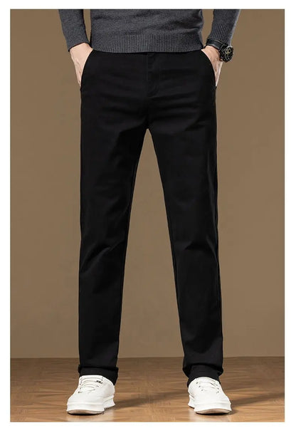 Classical Men's Casual Pants Straight Leg Elastic Solid Color Business Trousers Fashionable Soft Comfortable  Clothes Long Pants