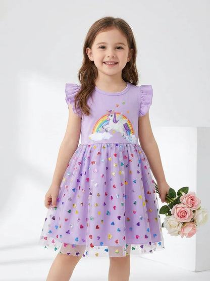 2026 Korean Style Girls Summer Unicorn Print Dress Short Sleeve Tulle Princess Gown Kids Casual Party Clothes for South Korea