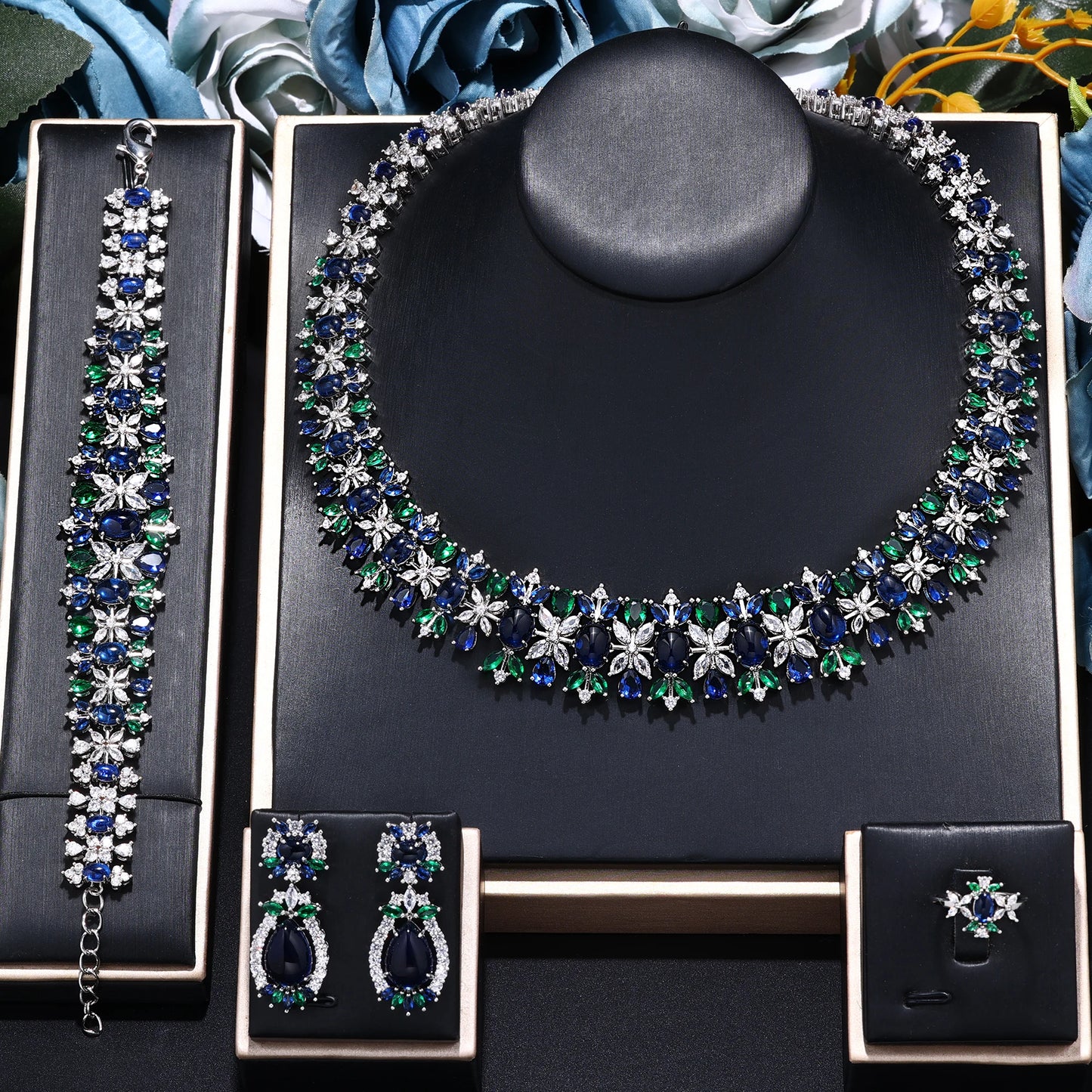 New Luxury Green Blue CZ Crystal Turquoise Earrings Necklace 4PCS Wedding Bridal Jewelry Set for Party