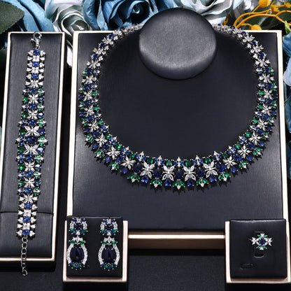 New Luxury Green Blue CZ Crystal Turquoise Earrings Necklace 4PCS Wedding Bridal Jewelry Set for Party