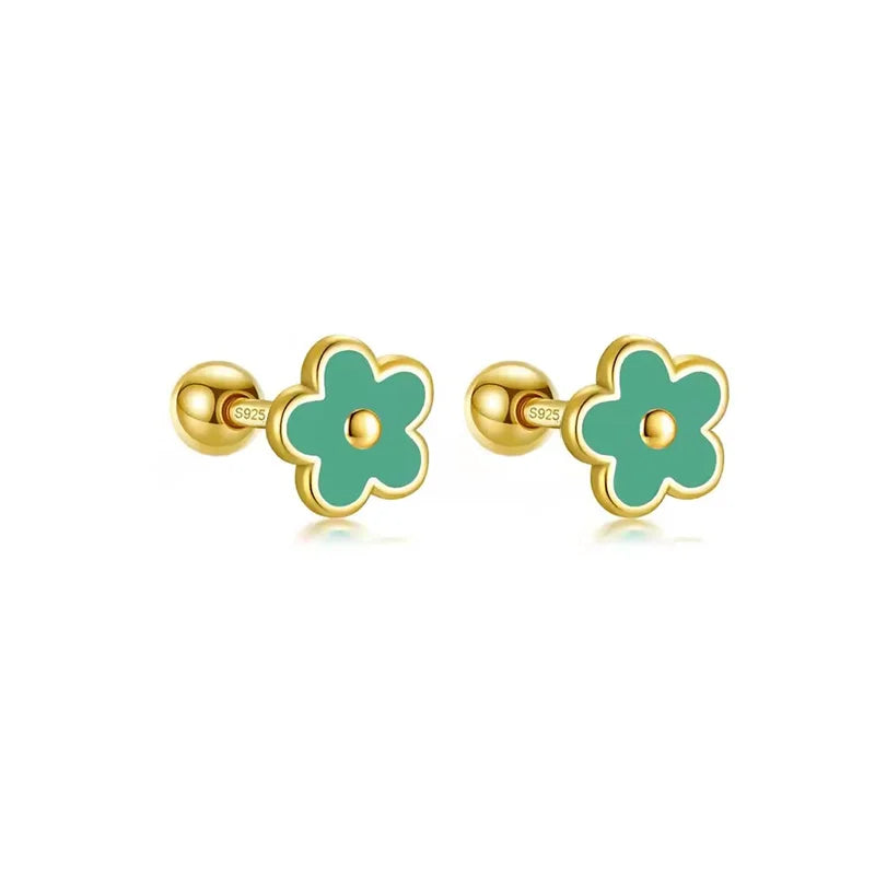 925 Sterling Silver Romantic White Enamel Flower Screw Bead Stud Earrings for Women Fashion Simple Piercing Jewelry Gift