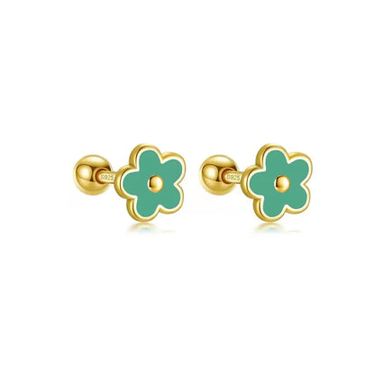 925 Sterling Silver Romantic White Enamel Flower Screw Bead Stud Earrings for Women Fashion Simple Piercing Jewelry Gift
