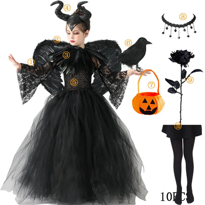 Halloween Maleficent Costume for Girls Evil Queen Dress Up Costumes Witch Devil Black Mesh Princess Dress Cosplay