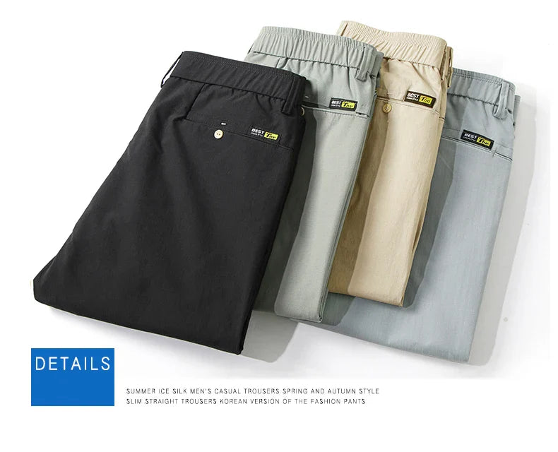 Business Thin Men's Breathable Pants Slim Straight High Elastic Slim Casual Pants Male Brand Clothing Khaki Gray Green Black