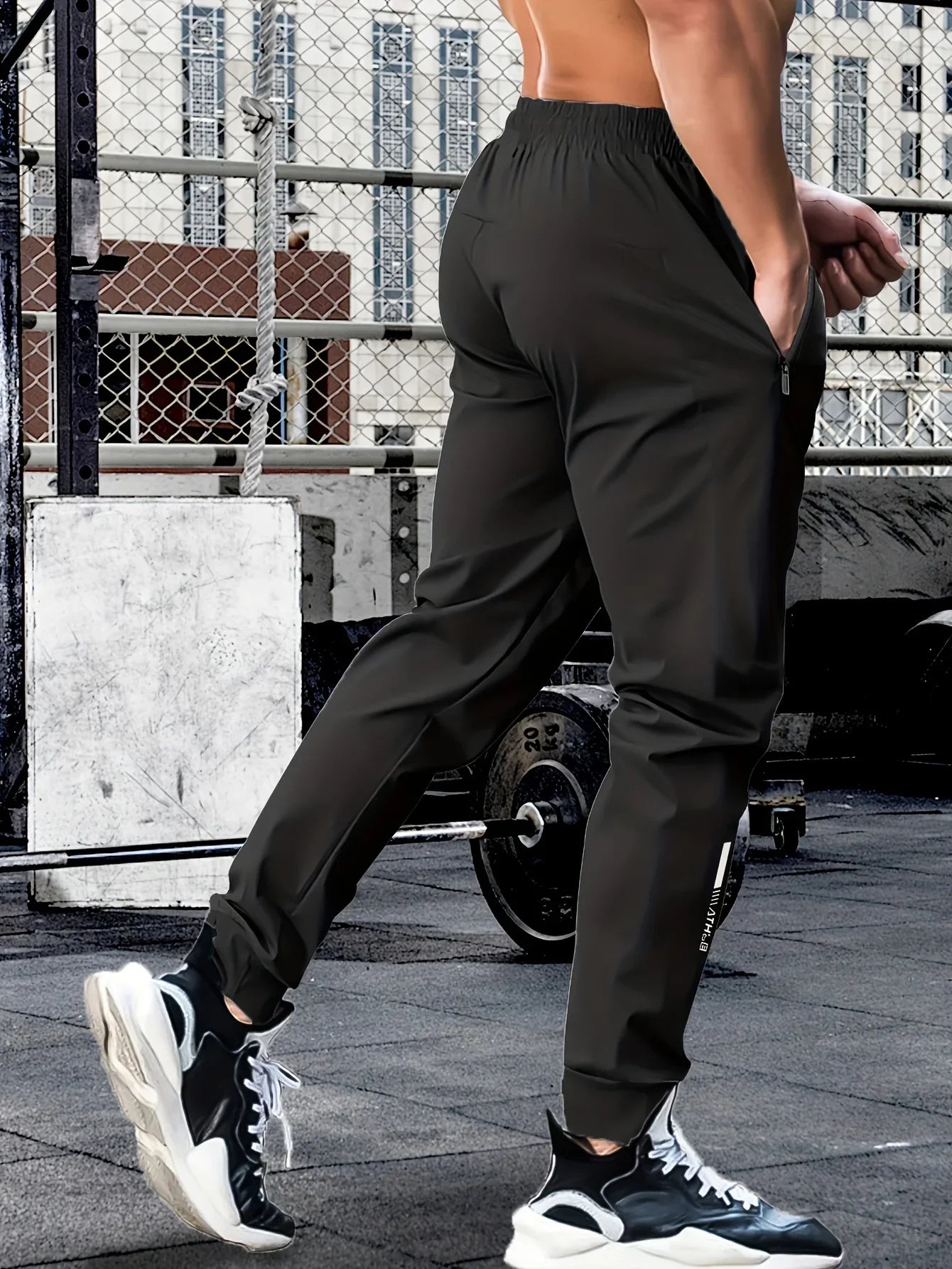 Men's waist drawstring quick drying high elasticity solid color sports training outdoor pants with zipper pocket