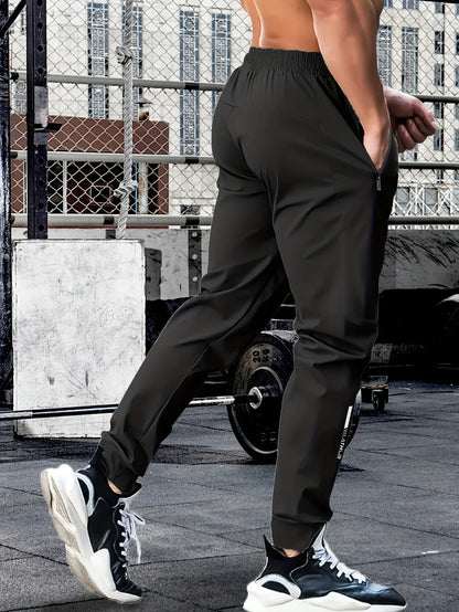 Men's waist drawstring quick drying high elasticity solid color sports training outdoor pants with zipper pocket