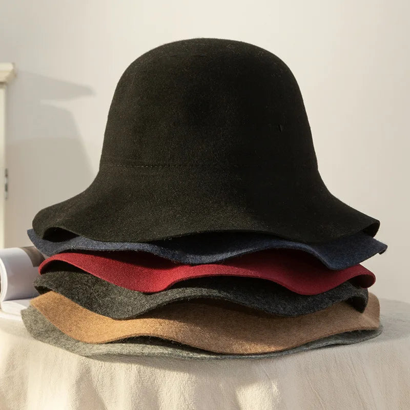 Hat Women's Autumn Wave Curled English Retro Versatile Fisherman Hat Fashion Hepburn Style Woolen Top Hat