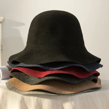 Hat Women's Autumn Wave Curled English Retro Versatile Fisherman Hat Fashion Hepburn Style Woolen Top Hat