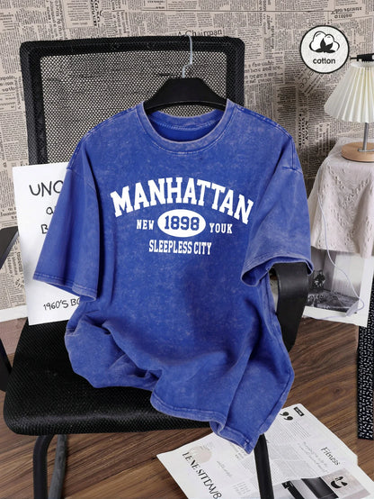Manhattan New York Sleepless City Print Washed T Shirt Man Summer O-Neck Retro T-Shirts Fashion Cotton All-Match Top Unisex Tee