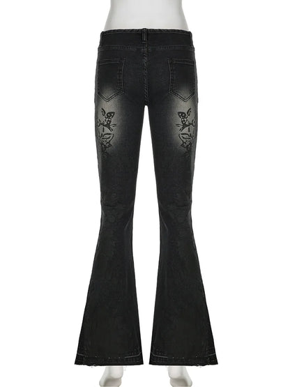 Women's Jeans  New American Retro Street Style Plant Print Washed Vintage Low-Rise Flare Pants Trendy Versatile