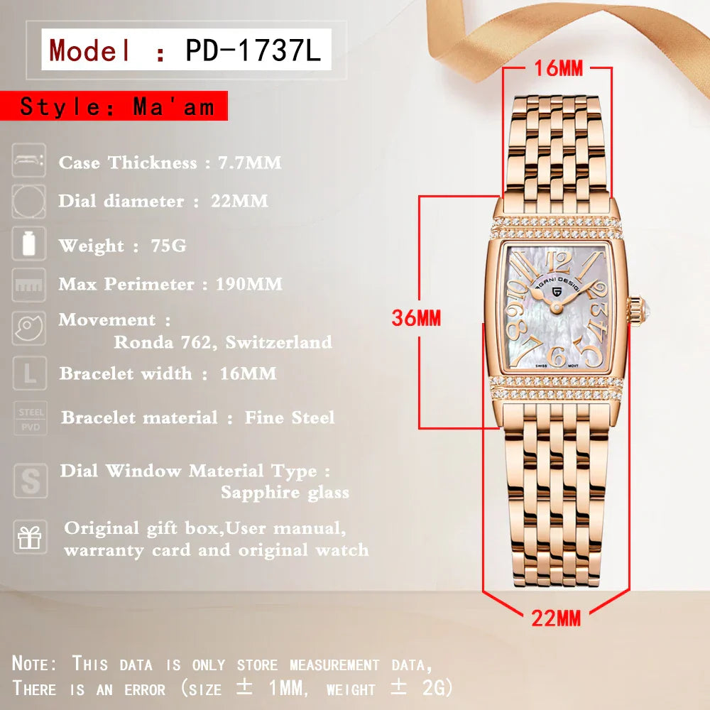 Pagani Design New 22mm Square Women's Quartz Watch Stainless Steel Sapphire Glass 50m Waterproof Women's Quartz Watch