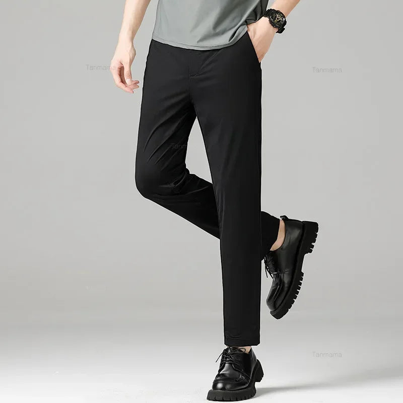Summer Quick-drying Ice Silk Men's Casual Pants Ultra-thin Highly Elastic Business Casual Non-iron Trousers Black Gray Blue
