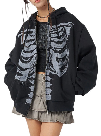 Halloween Women Spring Autumn Casual Hooded Coat Long Sleeve Skull Print Zipper Hoodie Grunge Long Sleeve Top Gothic Sweatshirt