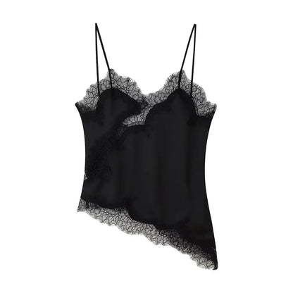 Women Lace Trim Satin Camisole V Neck Spaghetti Strap Backless Asymmetrical Tops Trendy Summer Streetwear