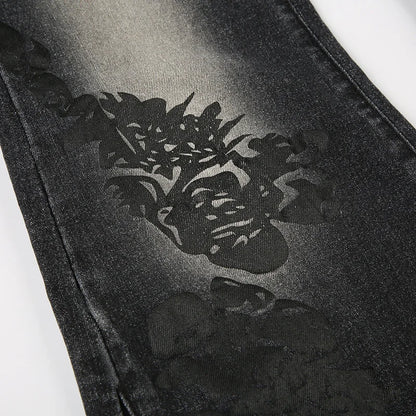 Women's Jeans  New American Retro Street Style Plant Print Washed Vintage Low-Rise Flare Pants Trendy Versatile