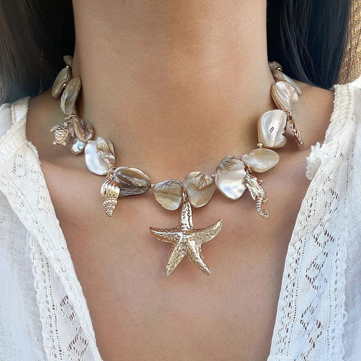 Retro Starfish White Shell Conch Pendant Necklace  Women 2024 Simple Creative Colorful Stones  Hand Woven beach Jewelry Girls