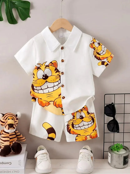 2PCS Summer Kid Boy Gentlemen Clothes Set Cartoon Pattern Lapel Collar Top with Shorts Birthday Party Wear for Toddler 1-6 Years