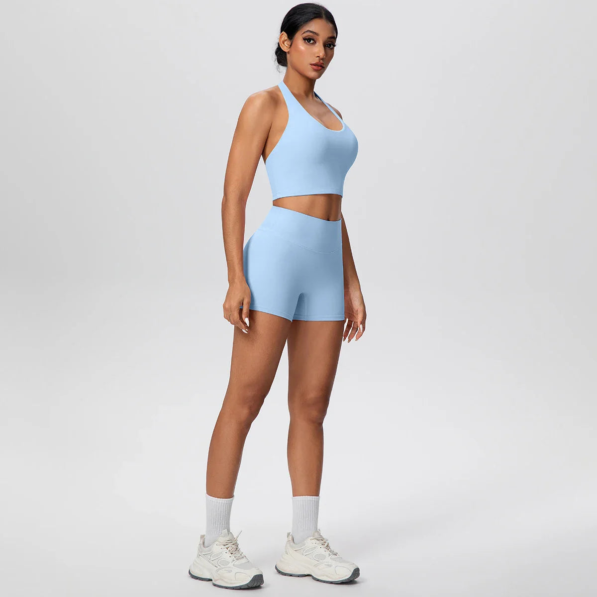 2picese Women Yoga Suit Solid Color High Waist Hip Push Up Fitness Shorts Sexy Pilates Backless Gym Hanging Neck Bra Yoga Set
