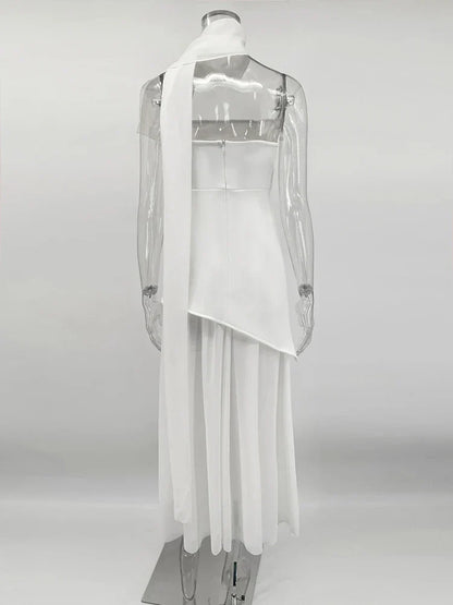 Fashion Strapless Dress With Ribbon Female Elegant Sleeveless Mesh Beach Vacation Long Dress 2025 Spring New Women Dress