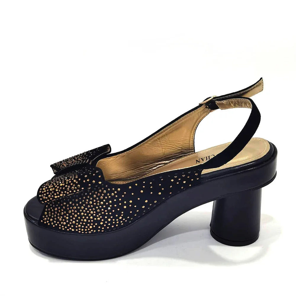 Silver Fashion Square Heels with Platform African Women Shoes and Bag Set Full Crystal Pumps for Wedding Party