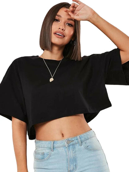 Camiseta Esportiva Feminina de Algodão Manga Curta Dança Corrida Yoga Fitness Cropped Top Mostrando o Umbigo Novo Solto para Academia