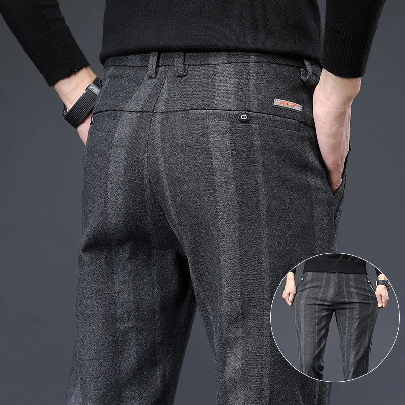 Autumn New Men's Slim Casual Pants  Fashionable Fit Elastic Business Pants High Quality Stripe Classic 3-colors Male Trousers
