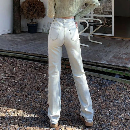 Women Korean Thin Straight Leg Jeans Pants