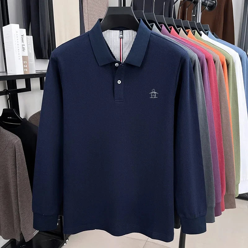100% High-quality Cotton Latest Men's Polo Long Sleeve Autumn Spring Warm Fashionable Business Casual Cozy Delicate Embossed Top