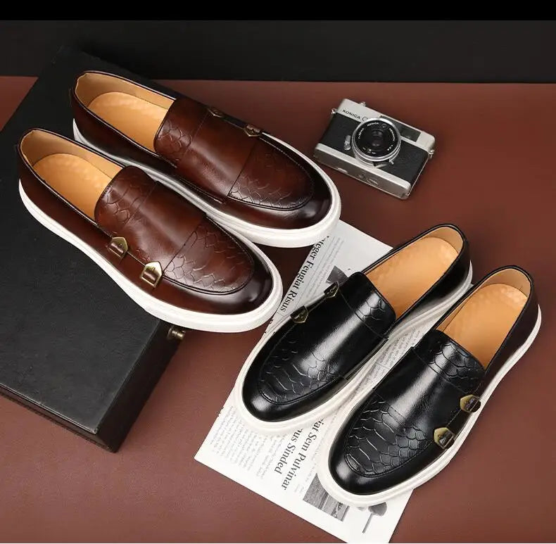 Fashion Men's Casual Shoes Snakeskin Grain Leather Men Retro British Style Loafers Monk Shoes Mens Slip-on Outdoor Driving Flats