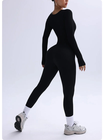 Women's one-piece yoga suit black jumpsuit long sleeved bodysuit sexy and fashionable streetwear casual sports bodysuit