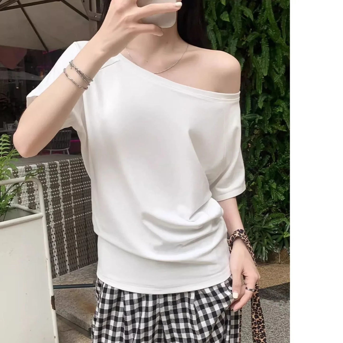 Autumn Winter One Shoulder Cotton Long Sleeve Slant Shoulder Women's Clothing Style Interior Wide Truffle Shoulder Base Shirt